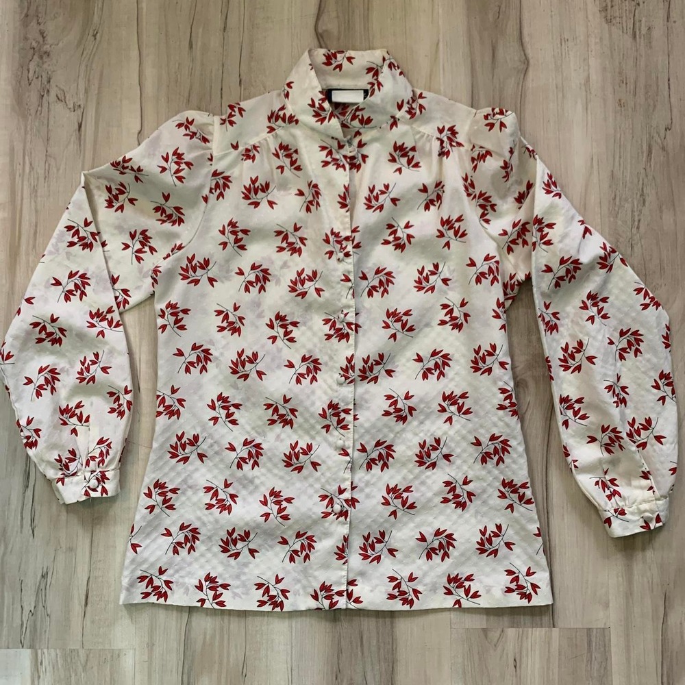 Vintage Pan-Her 1980s Red White Floral Button Up Blouse Top Size 9/10